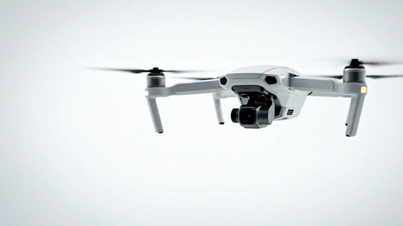 A drone flying forward towards the viewer over a scenic landscape, representing patent services for emerging technologies including drones, artificial intelligence, IoT, and autonomous systems