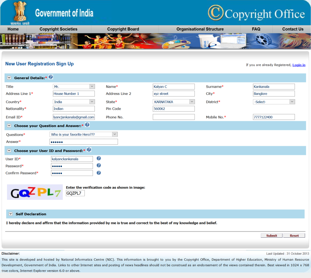 Screenshot of copyright office website showing the form for creation of account with copyright office