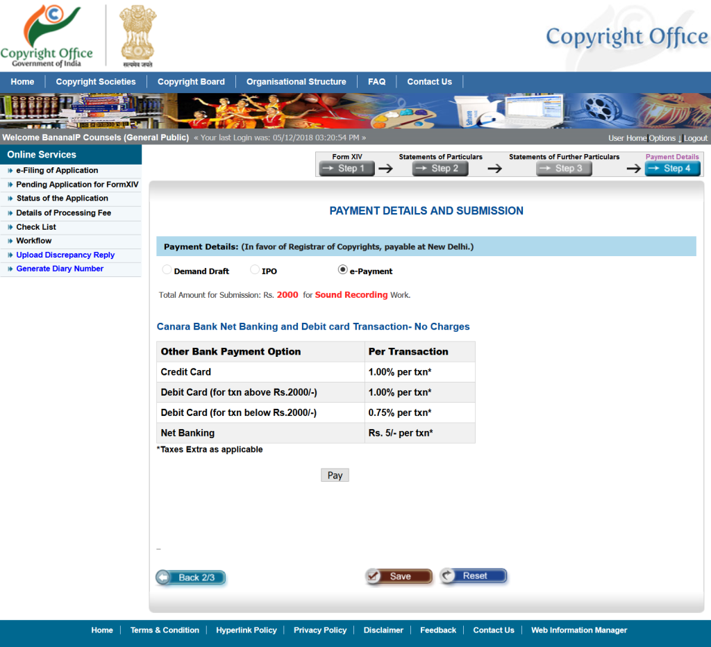 Screenshot of payment page for appliacation for registration of sound recording