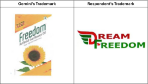 This image shows a compairson table of the Petitioner's mark and respondent's mark placed next to each other.