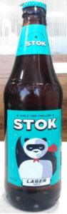 This image shows the Appellant's Beer Bottle which includes a blue lable. A panda with a cape and the words stok are inset in the label.